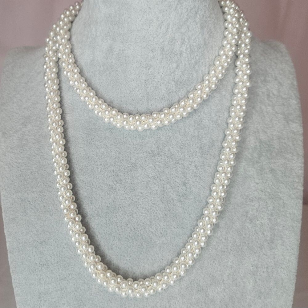 Vintage Woven Faux Pearl Rope Necklace - Timeless Ivory Statement 34"